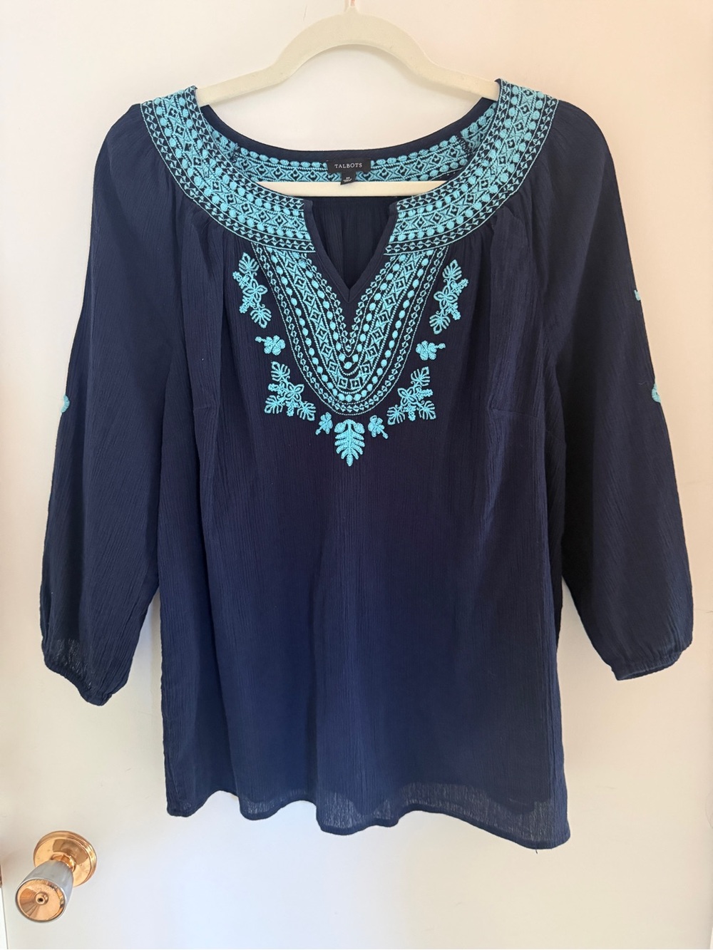 Talbots Navy Blue Turquoise Embroidered Cotton Peasant Blouse Medium Boho